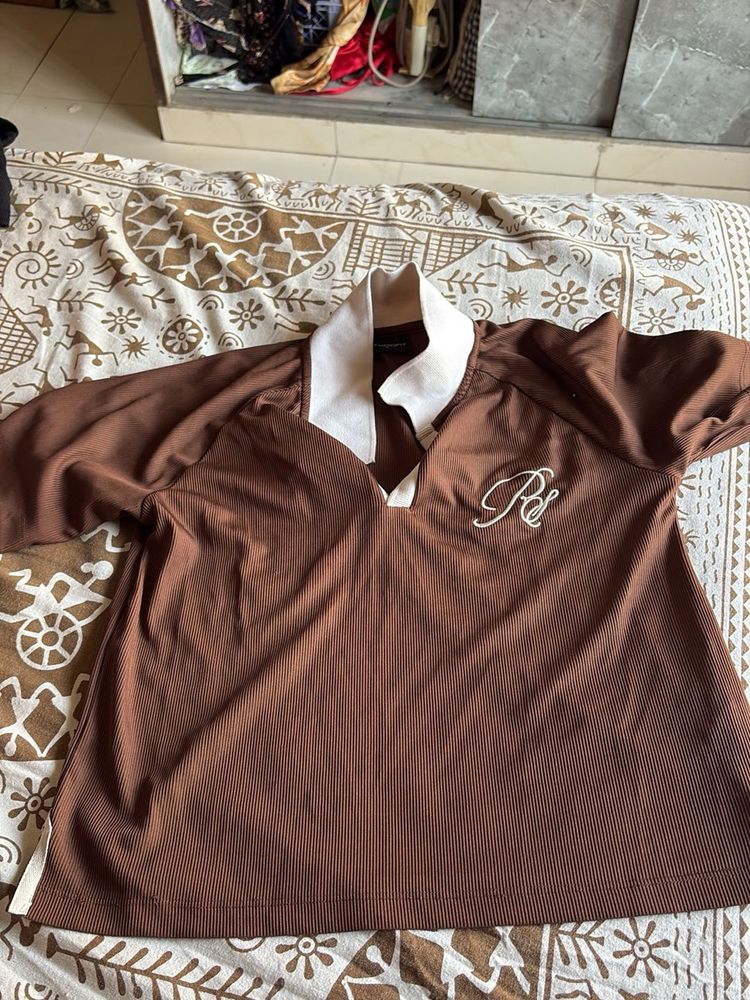 westside Brown Ribbed Polo Top