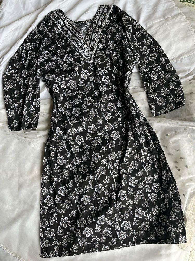 Black Floral Print Kurta