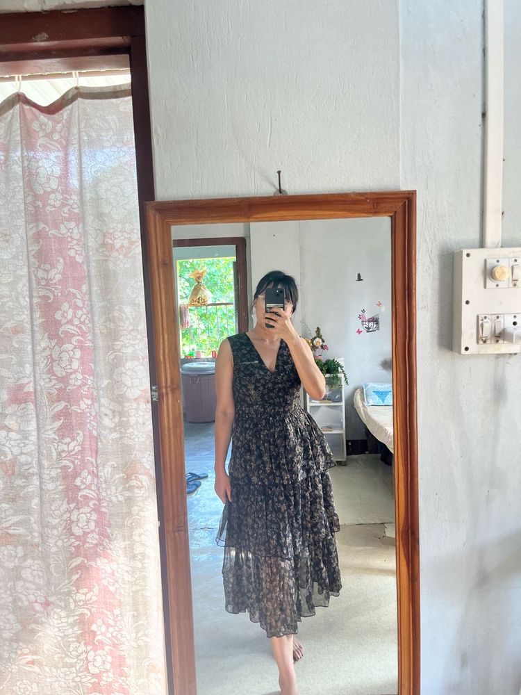 dark brown ruffle dress