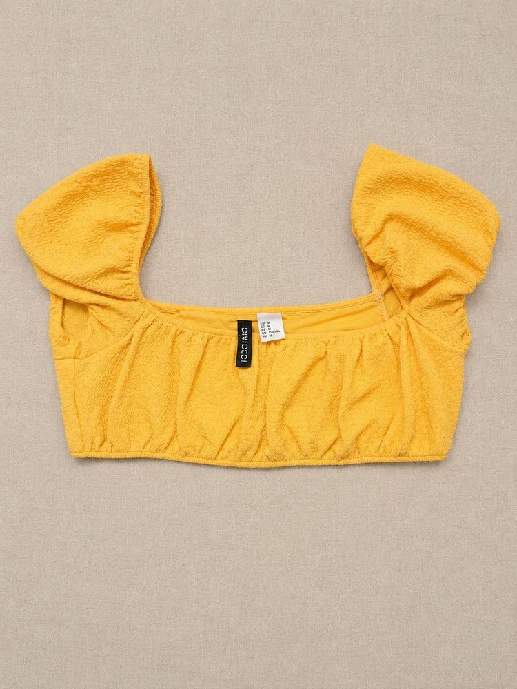 Sunflower yellow textured puff-sleeve crop top