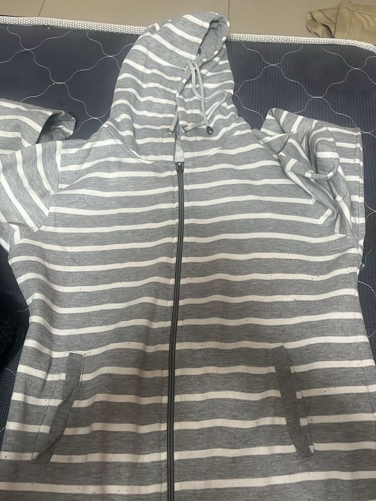Gray and White Striped Hoodie