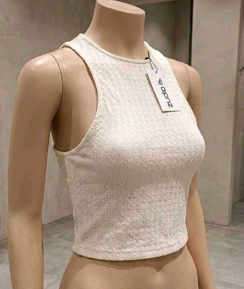 Cream Textured Racerback Crop Top