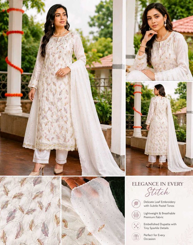 Elegant White Kurta Set with Leaf Embroidery