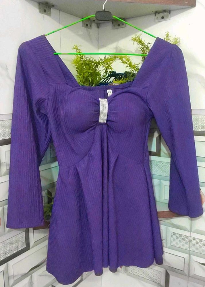 Purple Square Neck Flare Top with Embellishment