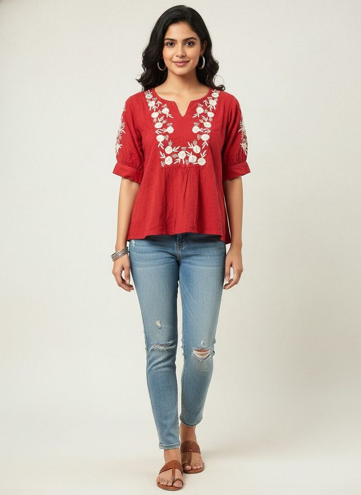 Red Embroidered Short Sleeve Top