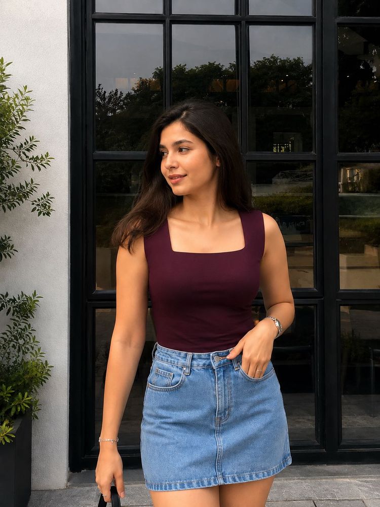 NEWME Sleeveless Square Neck maroon Top