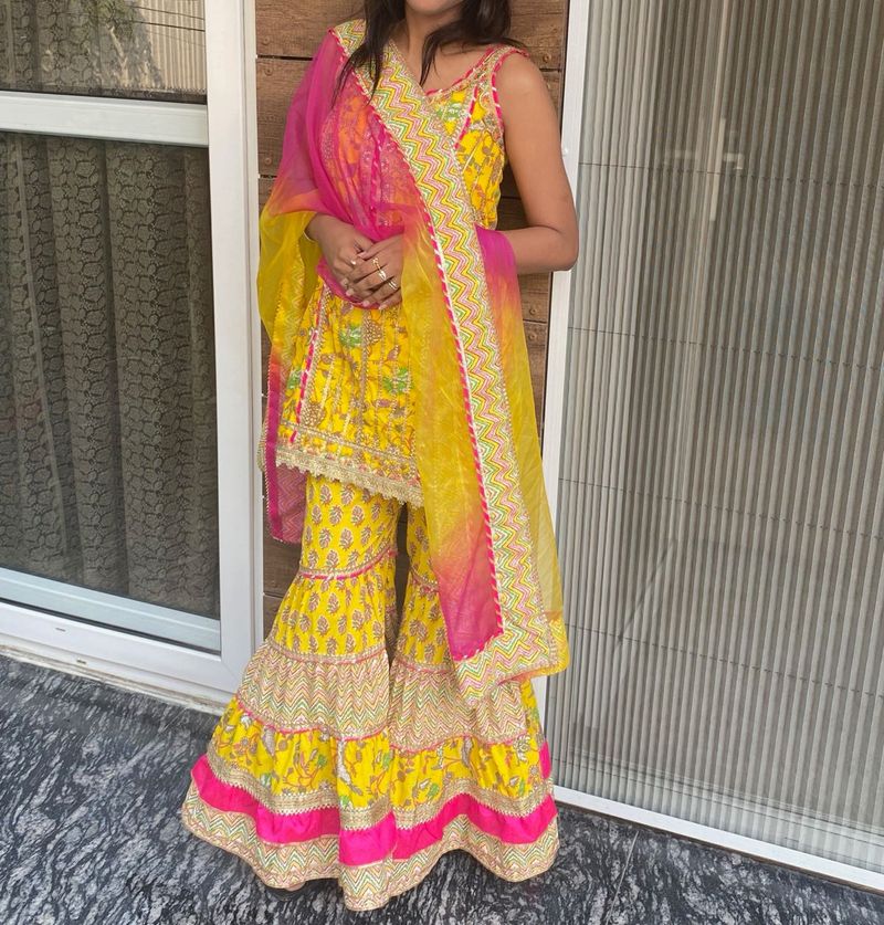 Yellow Floral Print Sharara Suit