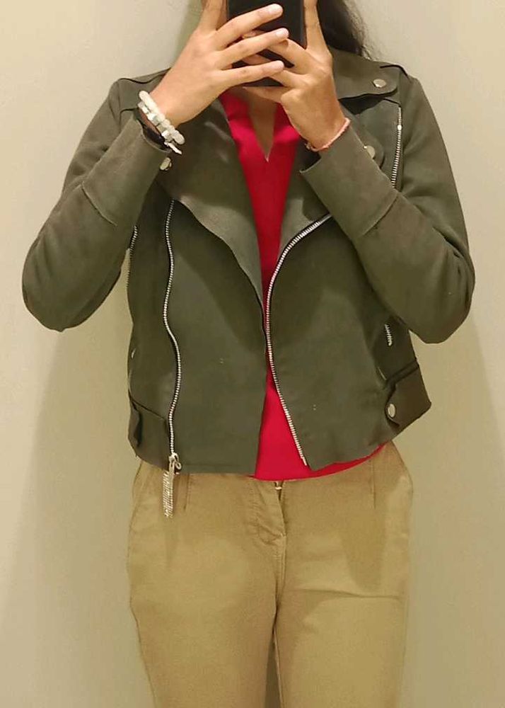 Stylish Olive Green Moto Jacket with red sleeve le
