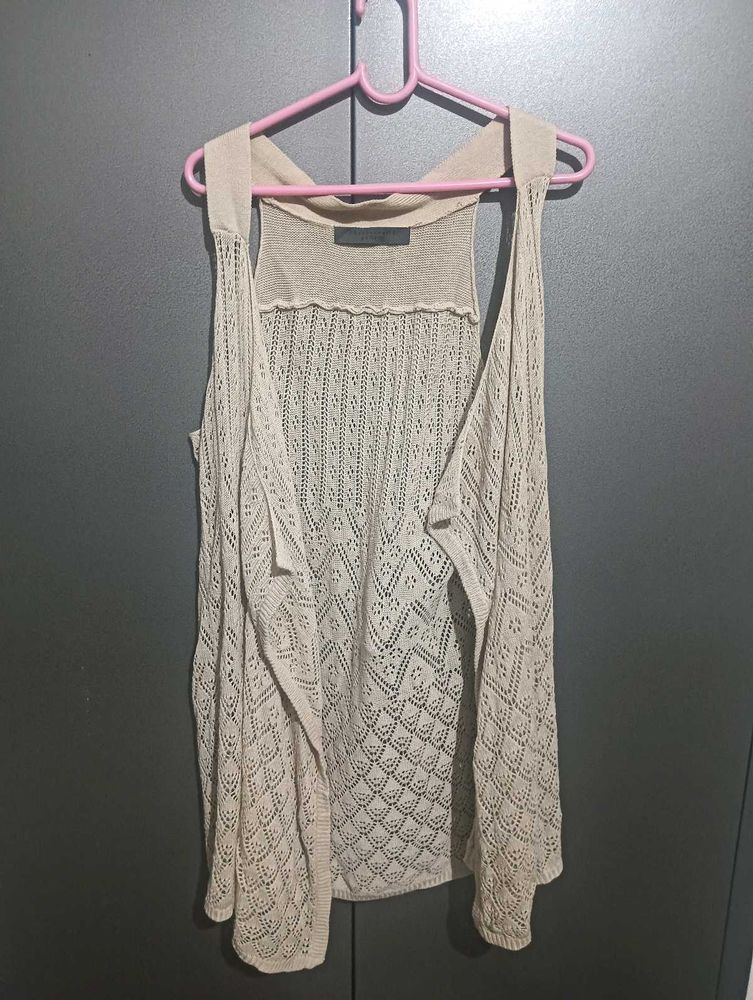 Beige Knitted Sleeveless Cardigan