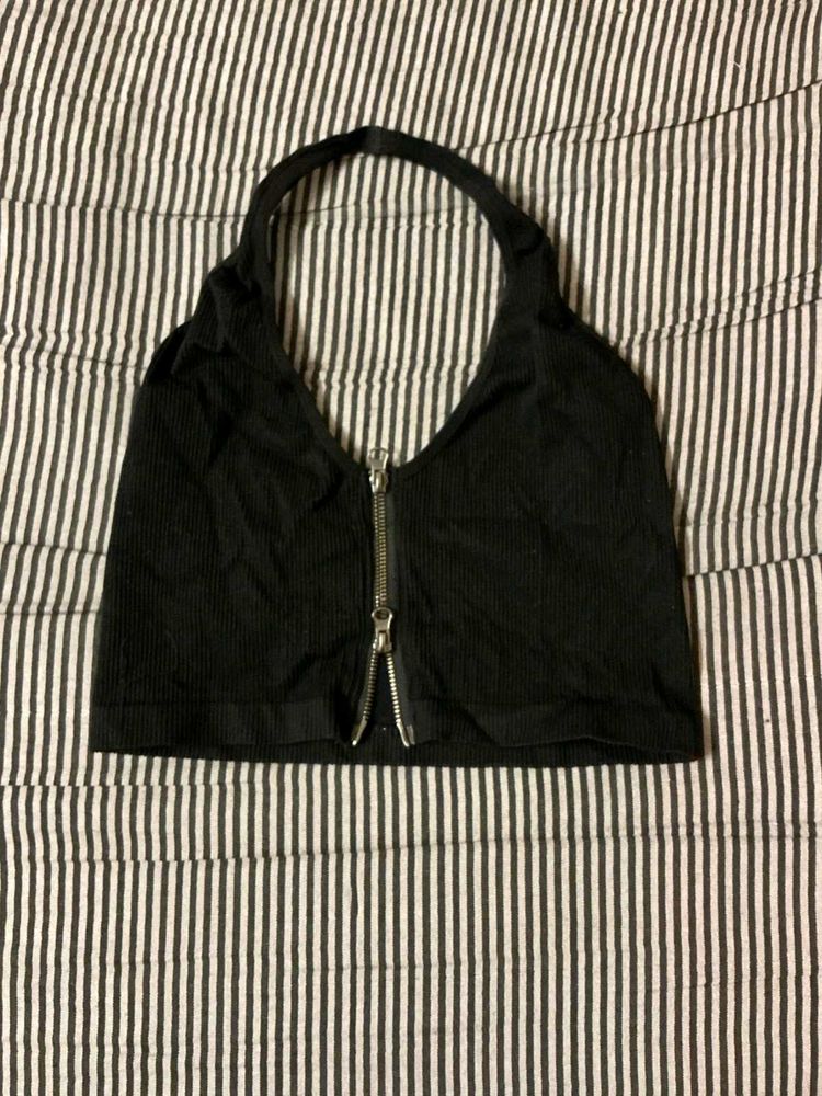 Black Halter Neck Zip Top