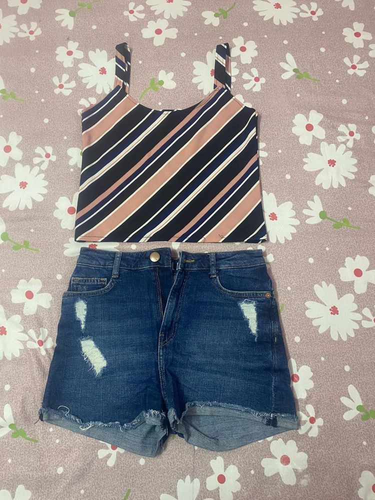 Striped Top &amp; Denim Shorts Set