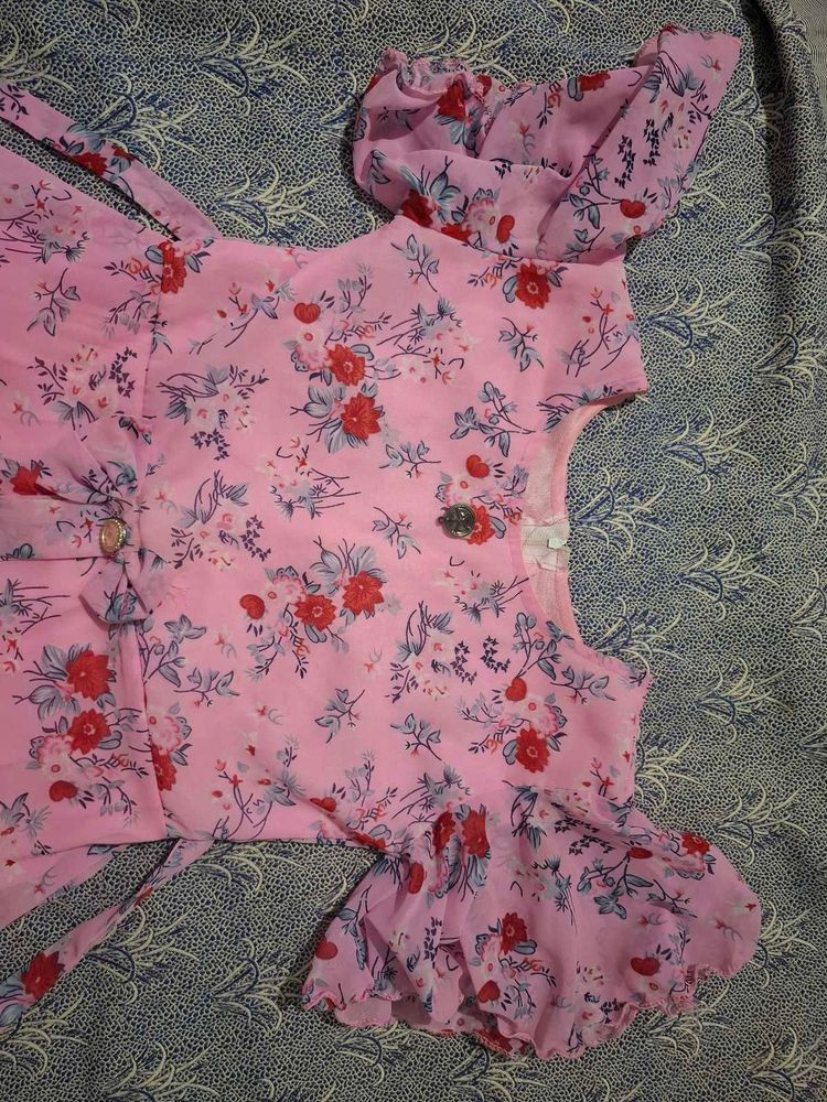 Pink Floral Gown with Ruffle Sleeves