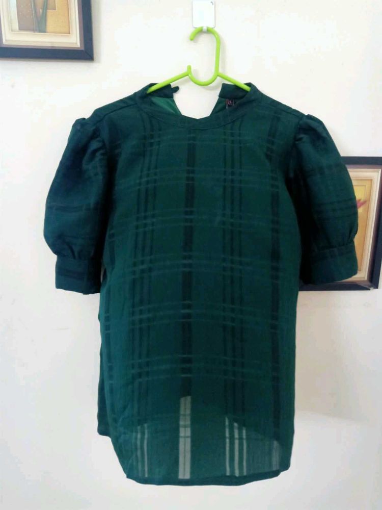Chic Emerald Green Plaid Puff Sleeve Top