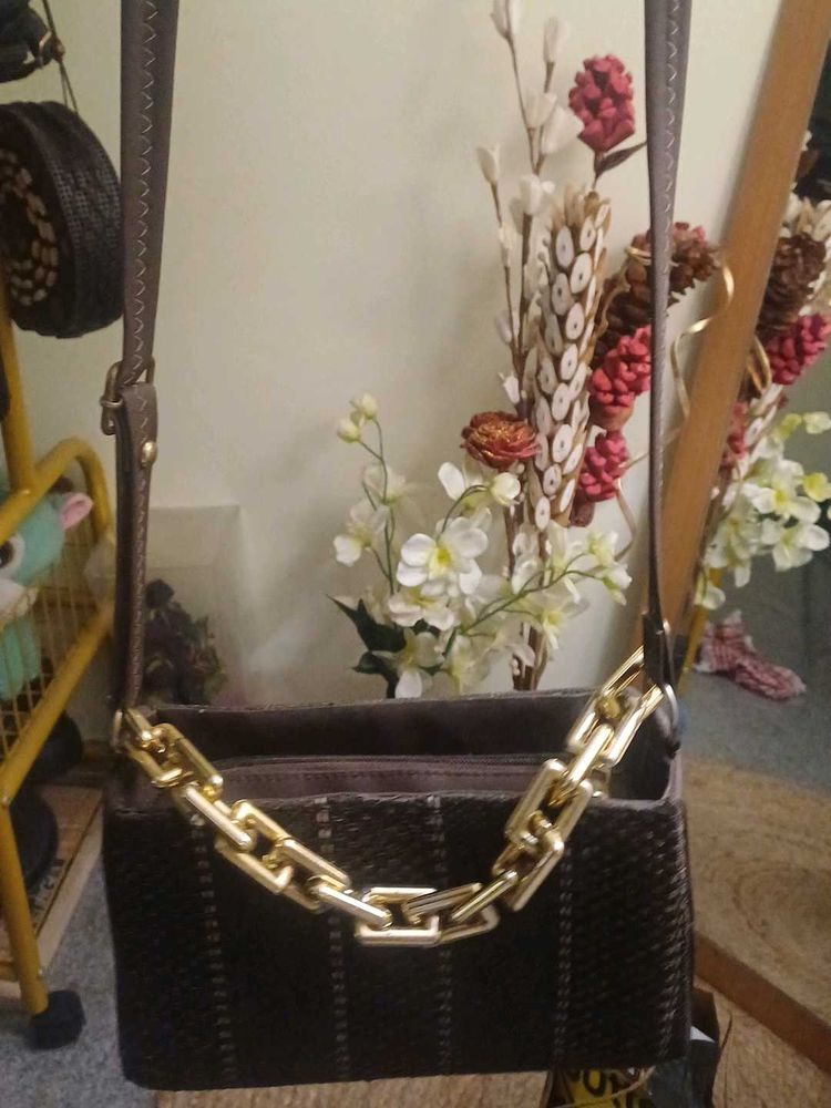 Stylish Brown Handbag with Gold Chain