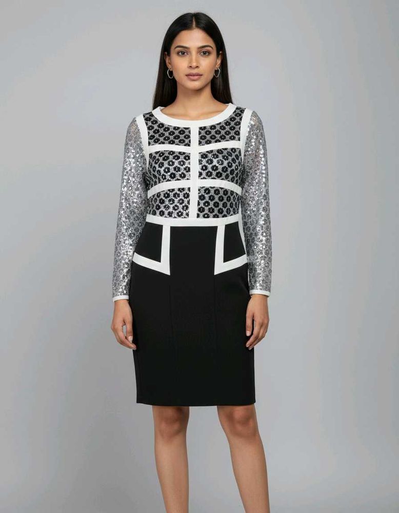 Chic Sequin Sleeve Black &amp; White Dress