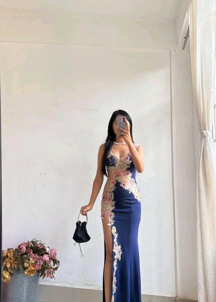 Elegant Navy Blue Lace Trim Gown
