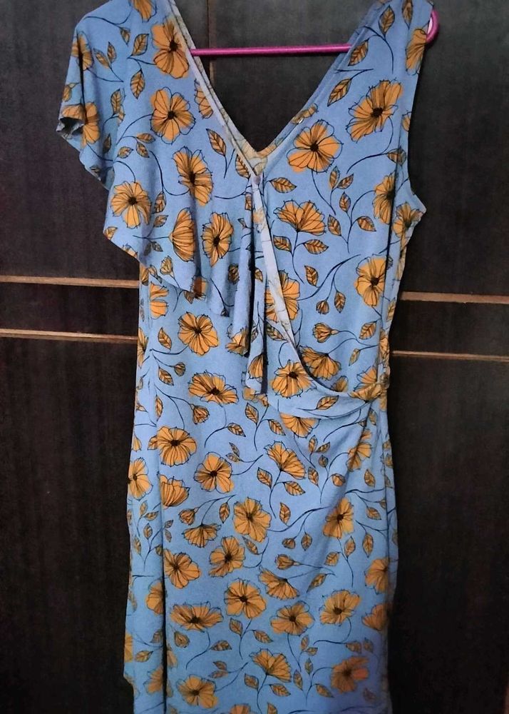 Blue Floral Print Wrap Dress