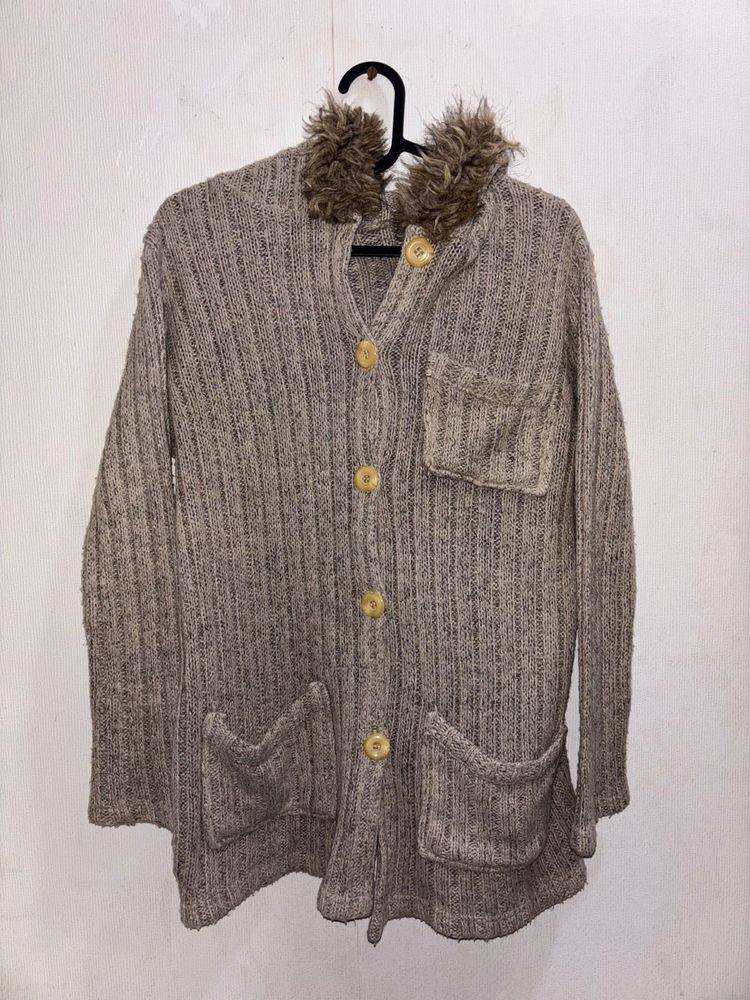 Woollen Coat with Faux Fur Hood