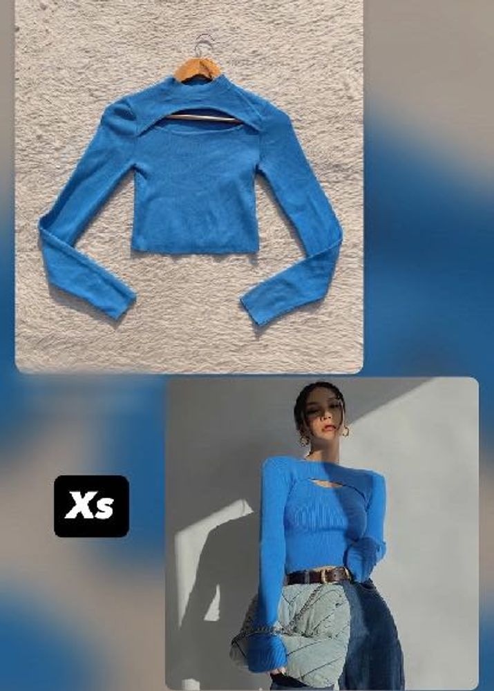 Blue Cut-Out Mock Neck Long Sleeve Crop Top