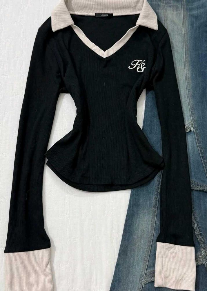 Black &amp; Beige V-Neck Long Sleeve Top