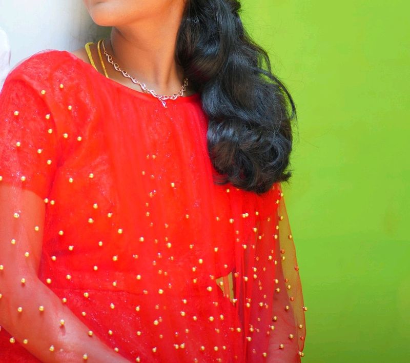 Red Beaded Tulle Top