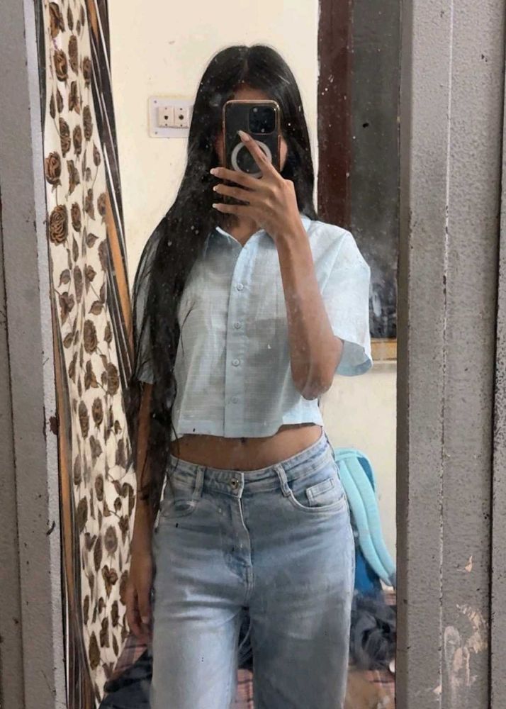 zudio Baby Blue Cropped Button-Up Shirt