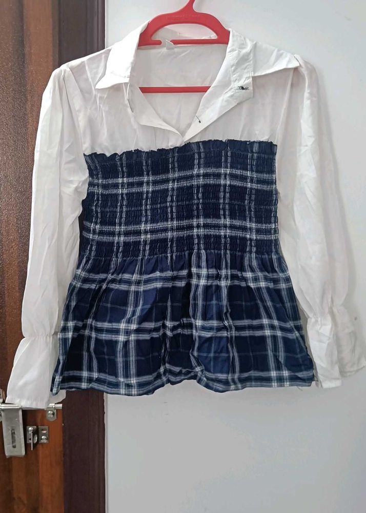 White &amp; Navy Checked Smocked Peplum Top