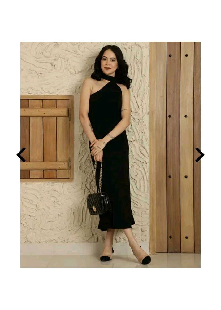 Elegant Black Halter Neck Midi Dress