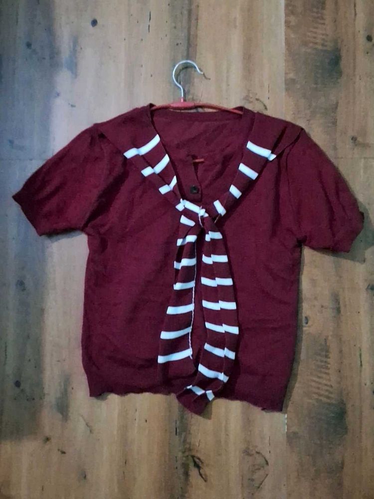 Maroon Button-Up Top with Tie