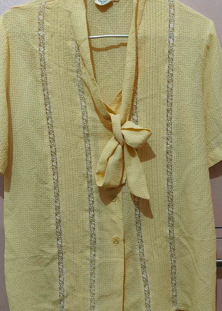 Chic Yellow Blouse with Bow Tie Neck