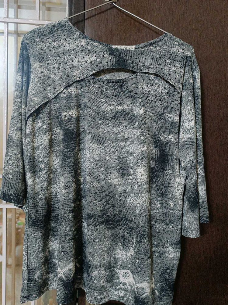 Unique Print Cutout Neck Top