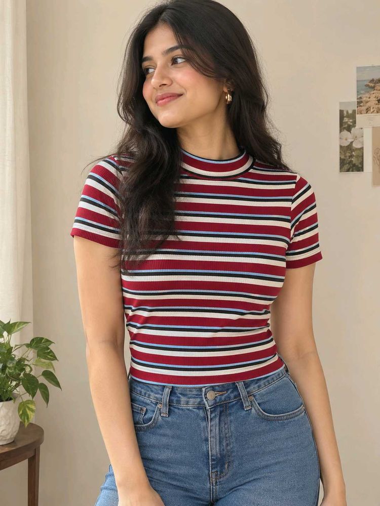 Striped Mock Neck Short Sleeve Top