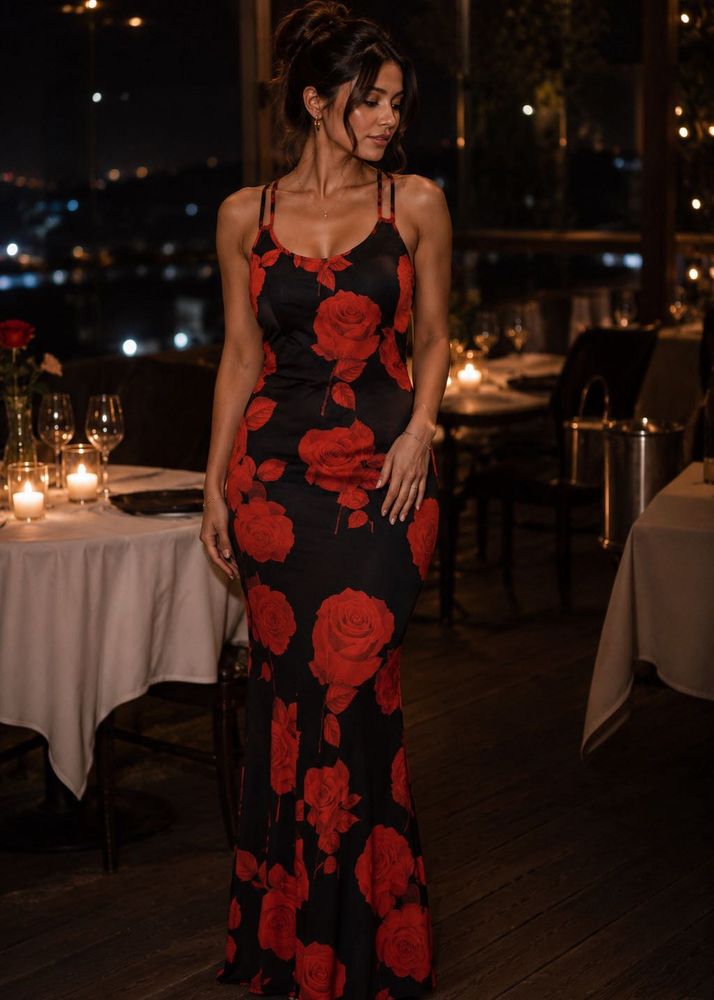 Black Rose Print Spaghetti Strap Dress