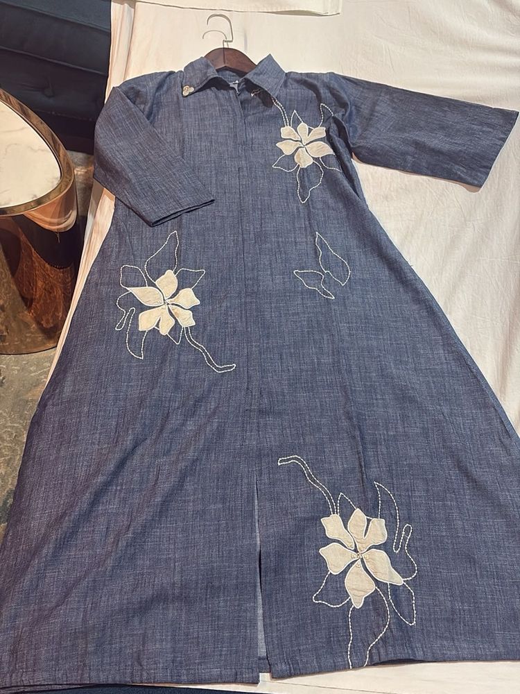 Denim Kurta with Floral Embroidery