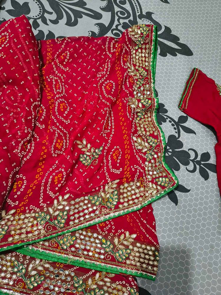 Red Bandhani Saree with Embellishments