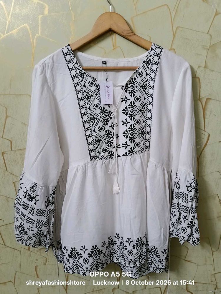 White Embroidered Boho Tunic Top
