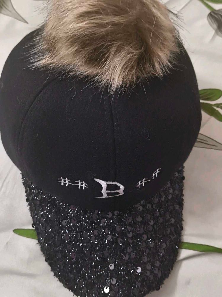 Sparkly Baseball Cap with Pom Po
