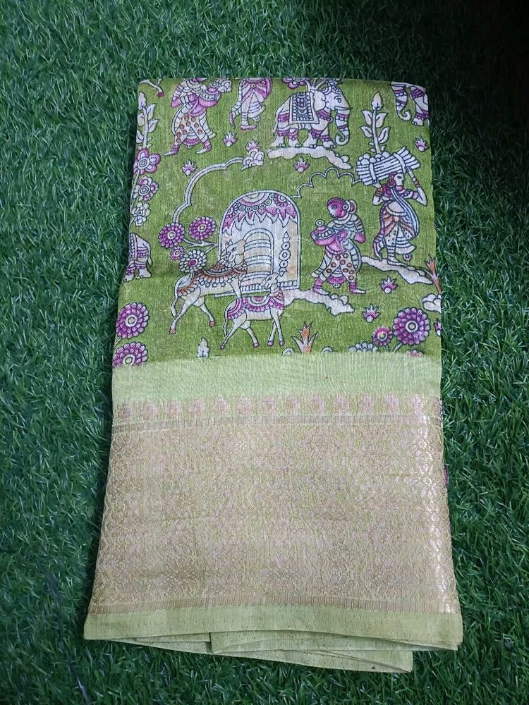 Green Saree with Elephant &amp; Floral Print