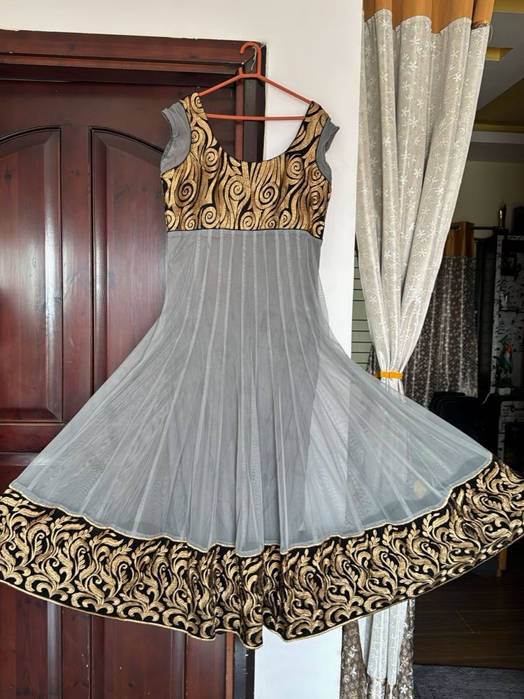 Elegant Grey &amp; Gold Anarkali Gown