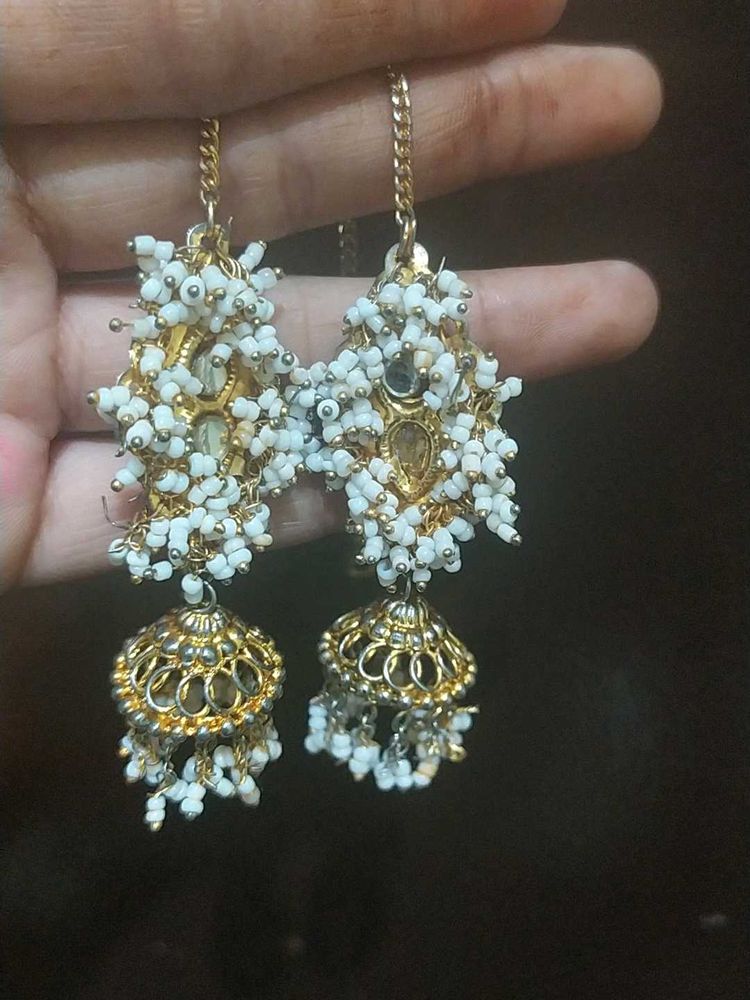 Elegant White Bead &amp; Gold Jhumka Earrings