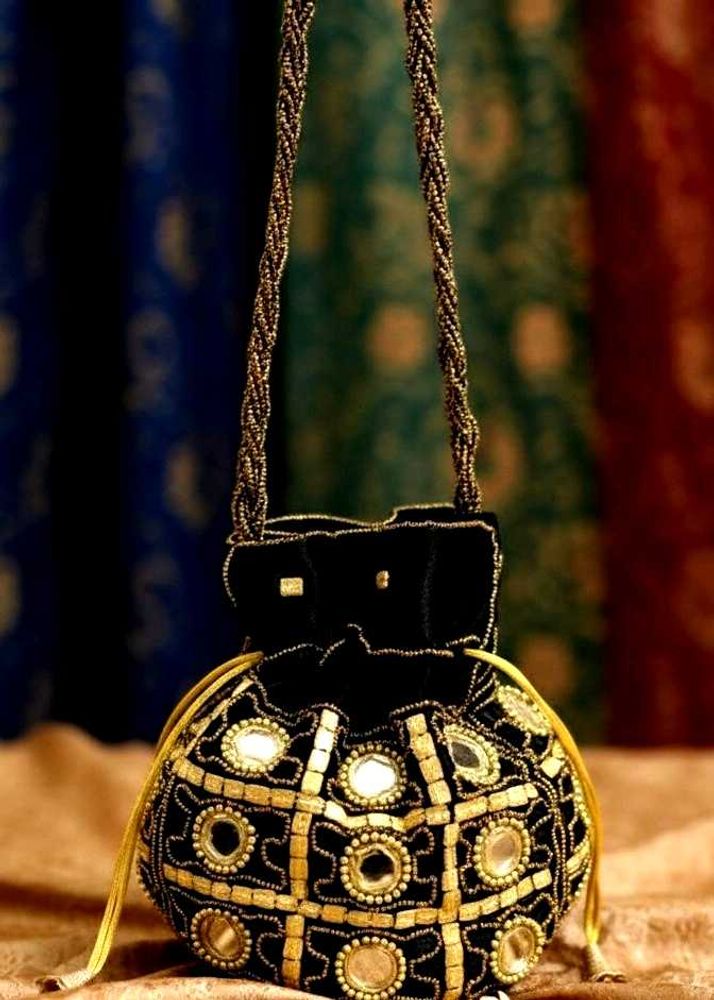 Clutches 👉Mirror Embellished Drawstring Pouch Bag