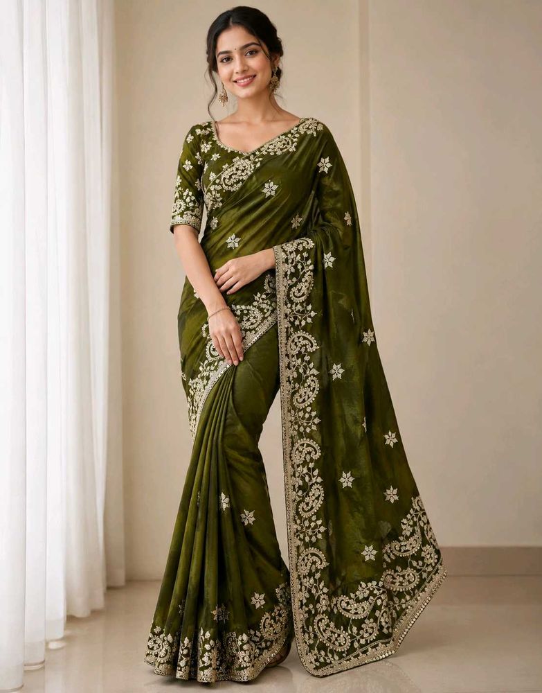 Olive Green Embroidered Silk Saree