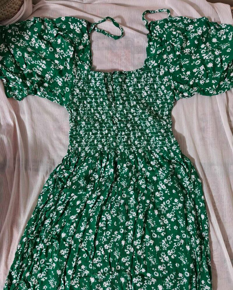 Green Floral Smocked Dress