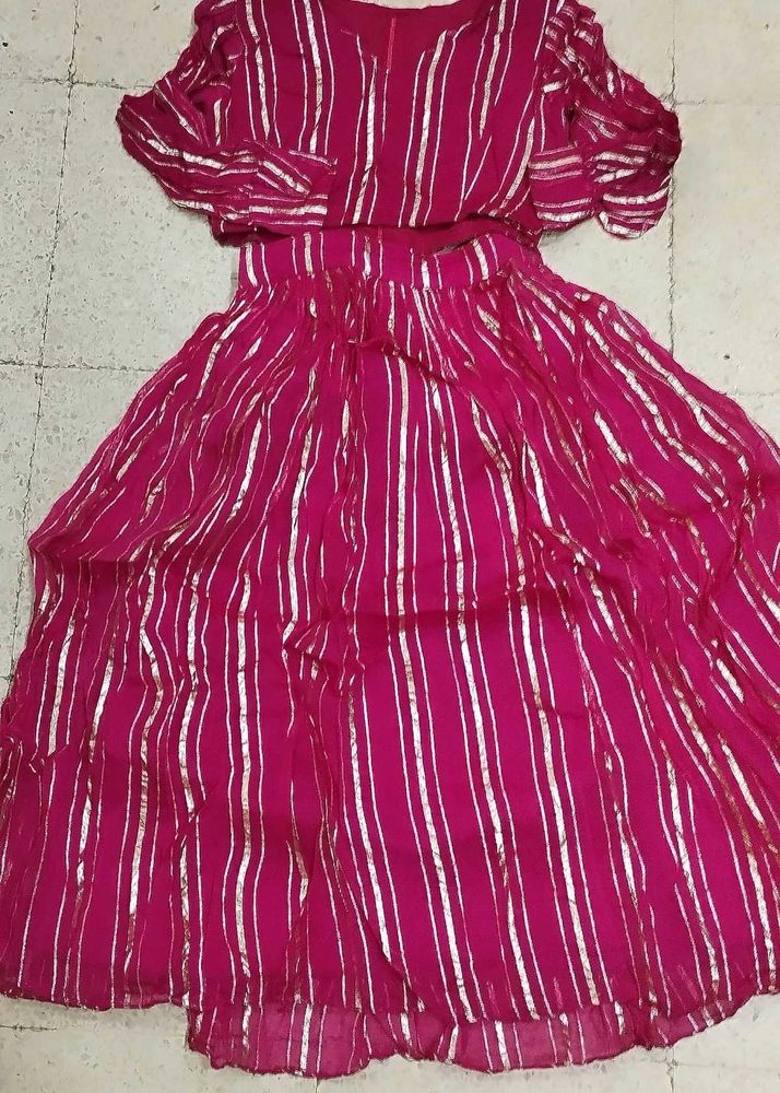 Pink &amp; Gold Striped Lehenga Choli Set