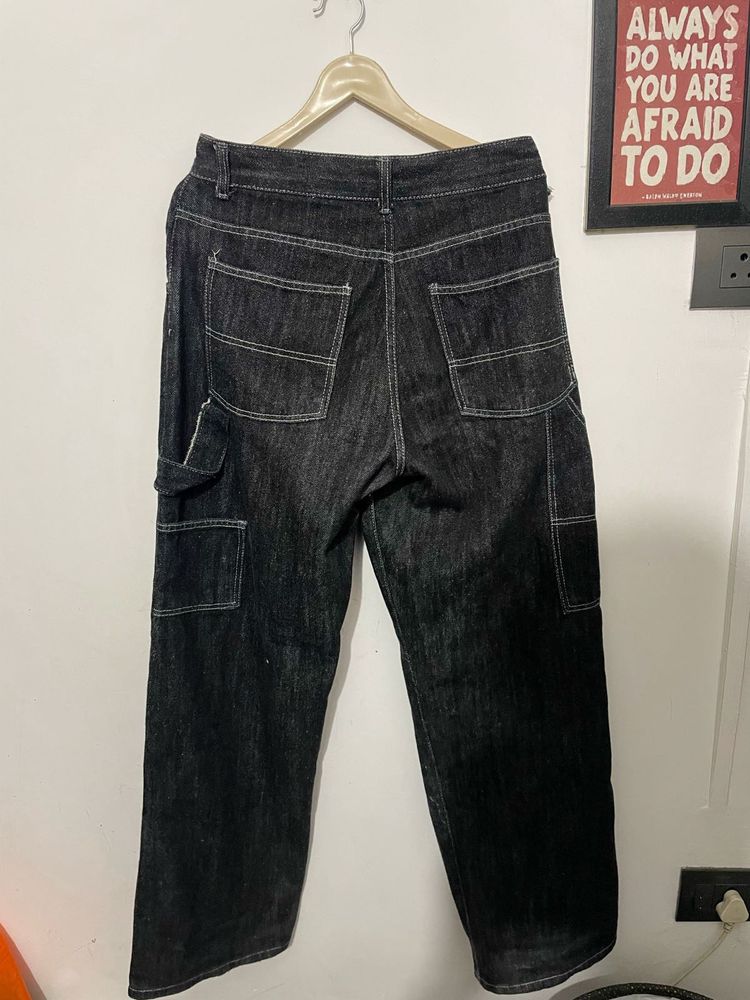 Korean Baggy Men's Black Carpenter Jeans