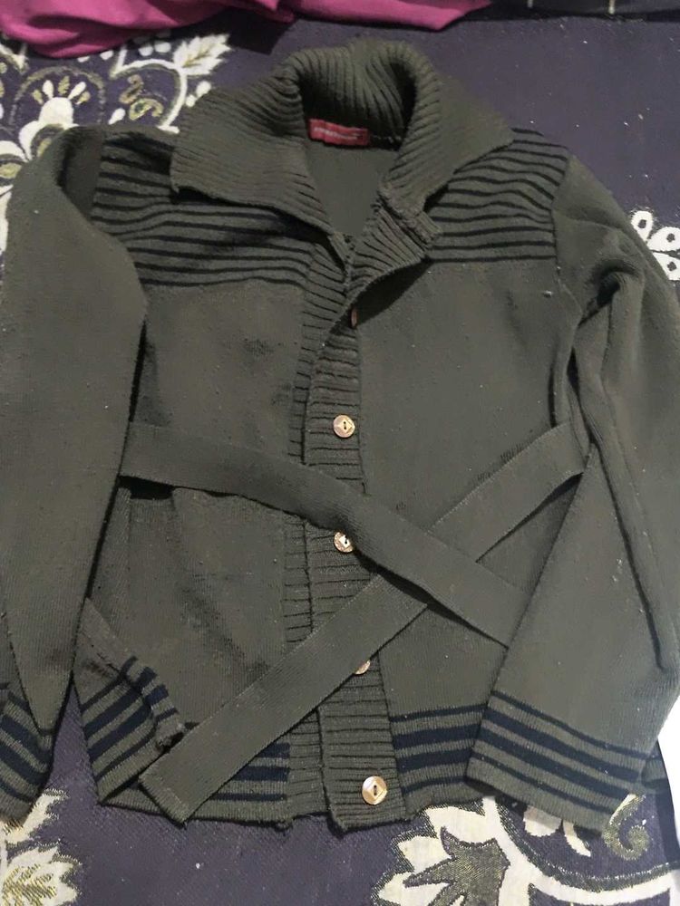 Olive Green Knitted Cardigan with Belt