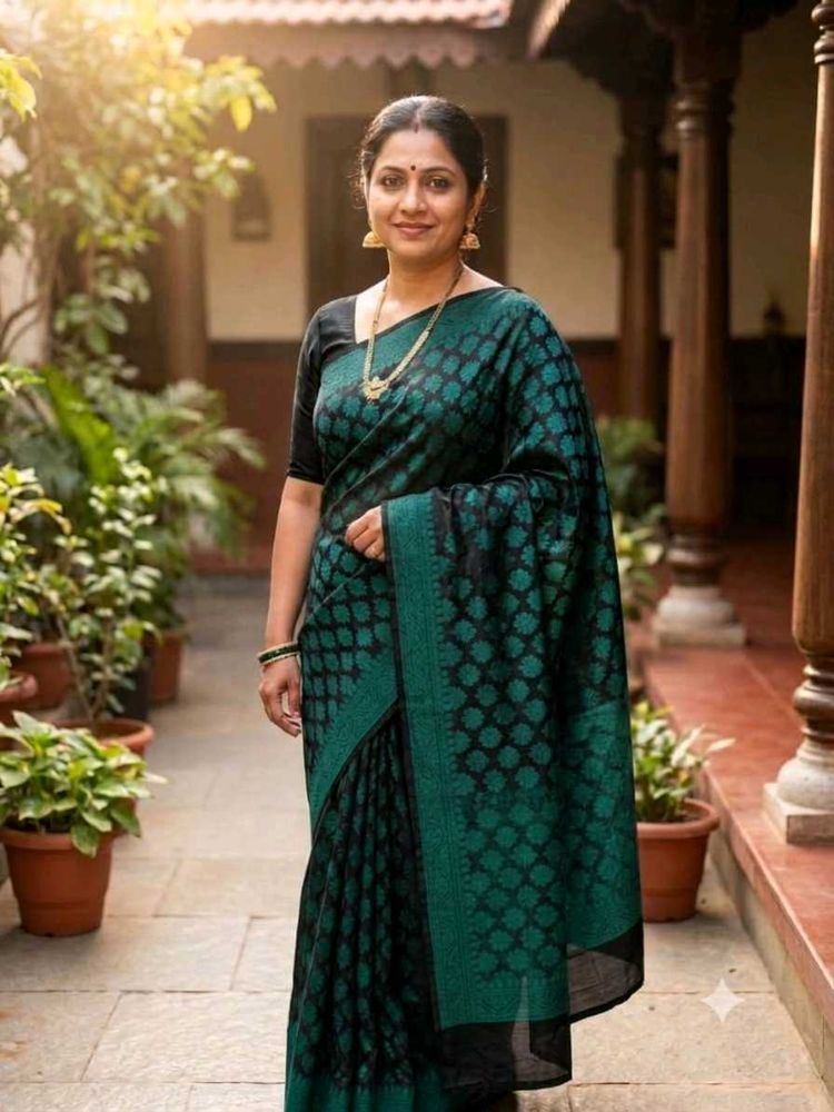 Black and teal green woven saree