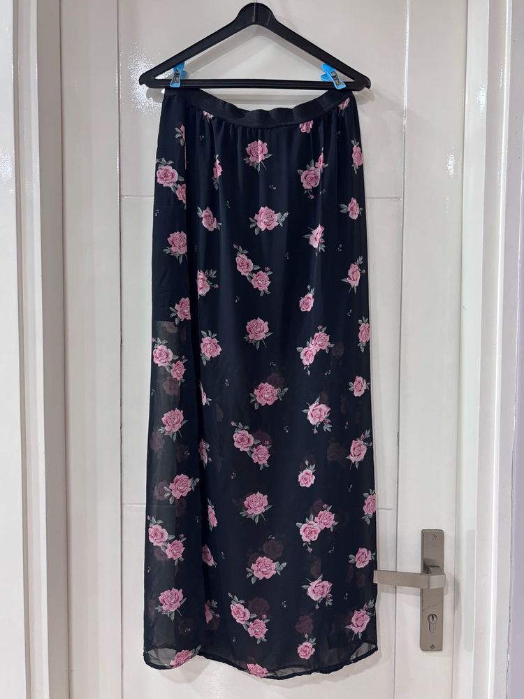 Black Floral Maxi Skirt with Slits