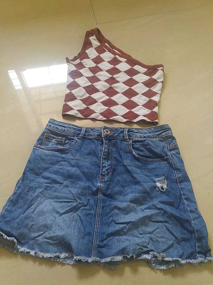 Cute Brown &amp; White Argyle Crop Top &amp; Denim Skirt S