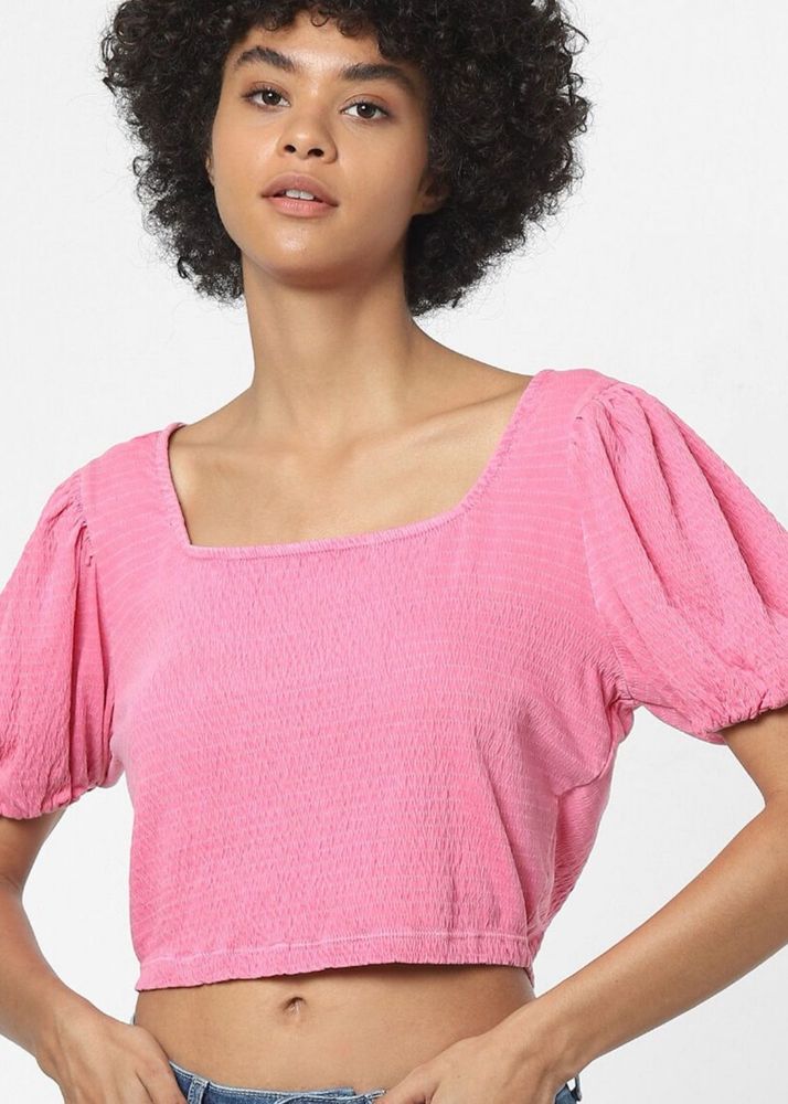 ONLY Women Pink Puff Sleeves Crop Top